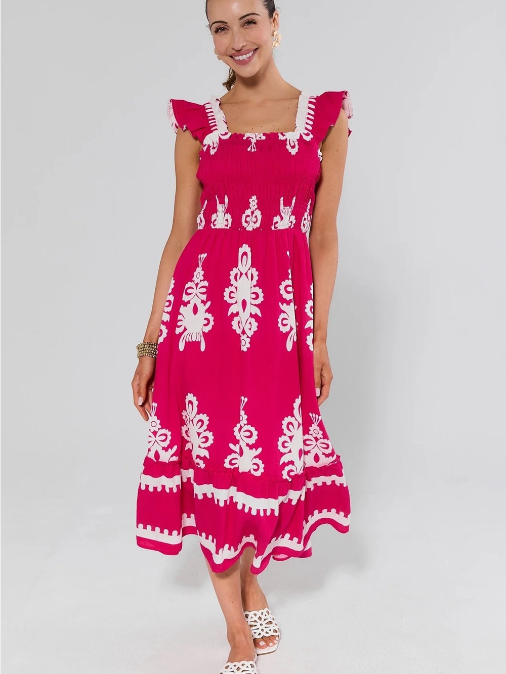 Umgee NWT Tiffany Pink Midi Dress with White Embroidery, Sz XL
